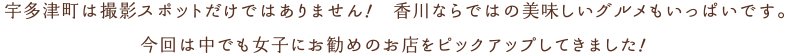 宇多津町は撮影スポットだけではありません！香川ならではの美味しいグルメもいっぱいです。今回は仲でも女子にお勧めのお店をピックアップしてきました。